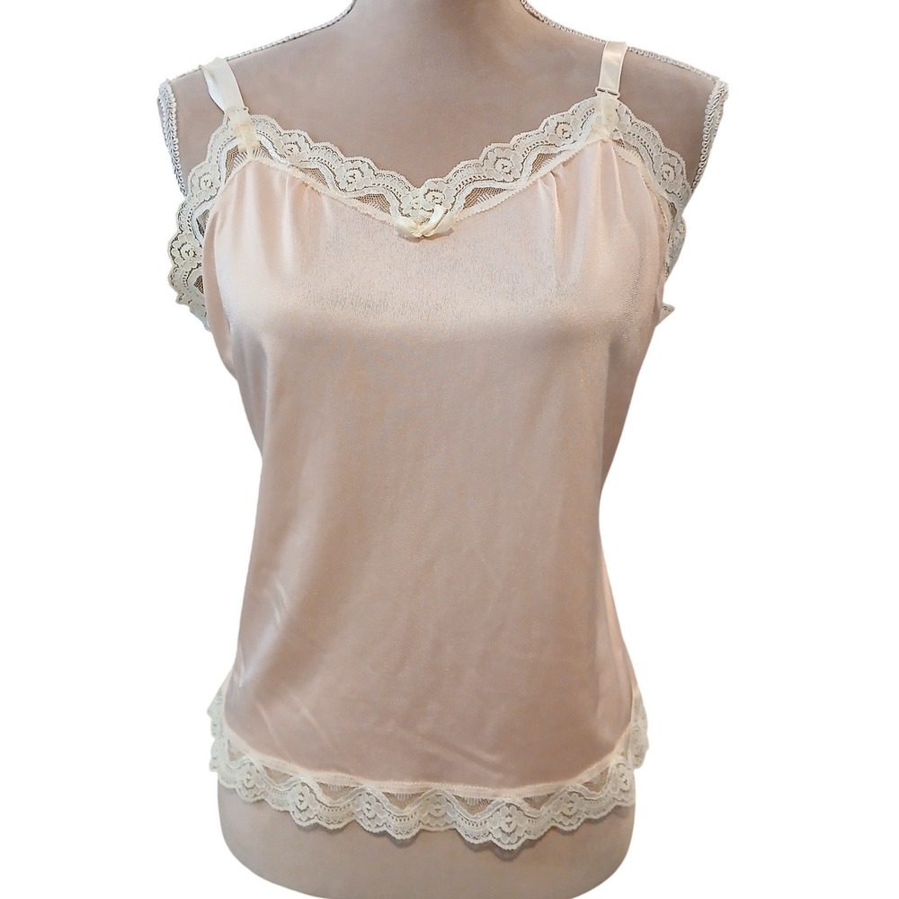 Vintage Undercover Wear Lace Trim Cami Top Pink Lingerie Tank Large Dainty Sleep